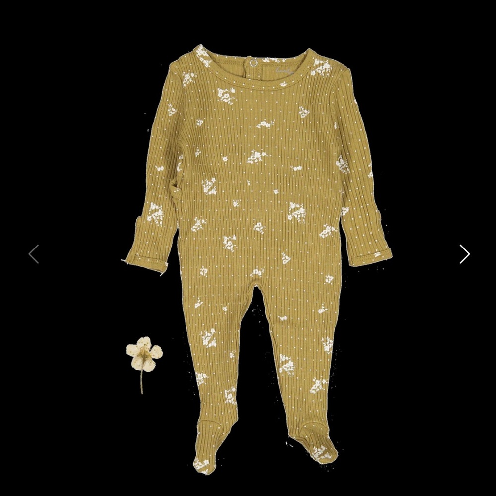 Lovely Littles Ribbed Golden Footed Romper in Mustard and White Floral Print